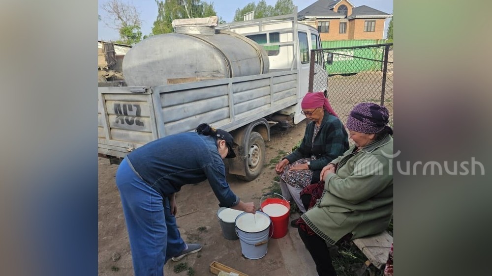Каиргүл Кожогулова скупает молоко у сельчанок