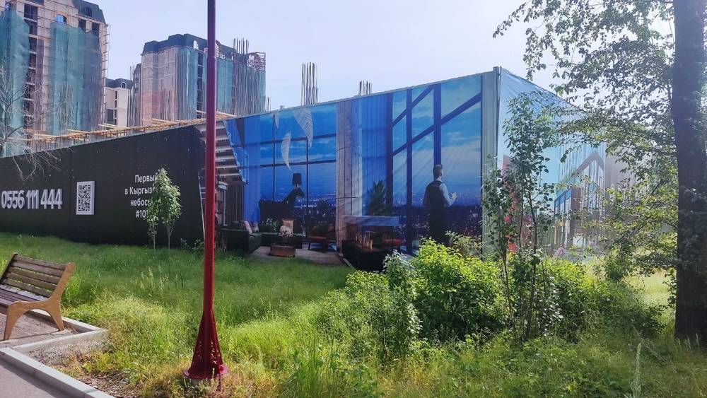 Cтройкомпания «Роял Констракшн» вырубила все деревья перед своим баннером на Айтматова. Фото горожанина