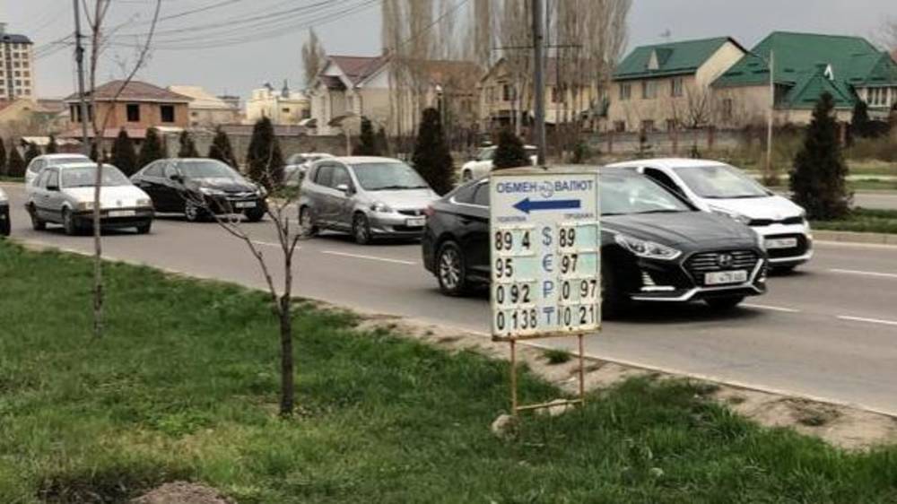 Рекламный баннер обменки стоит в зеленой зоне на Южной магистрали. Фото
