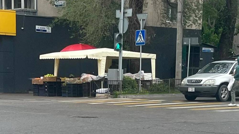 Стихийный торговец, которого оштрафовали на 9000 сомов, снова стоит на Токтогула—Калыка Акиева. Фото