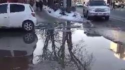 Огромная лужа на тротуаре по проспекту Чуй. Видео