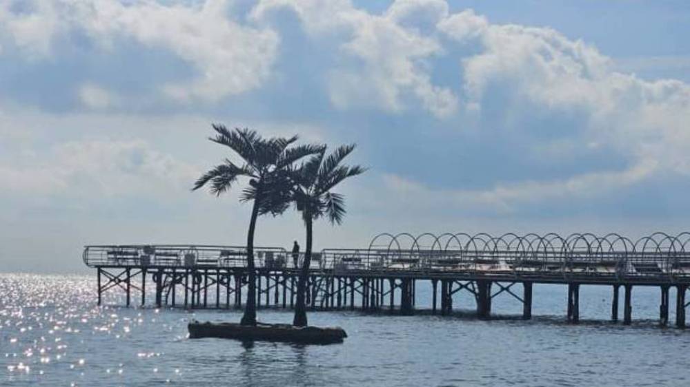 Пирс, небо, вода и две пальмы — Иссык-Куль в феврале. Фото