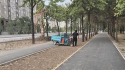 Водитель мотороллера заехал на новую клумбу на Айтматова и застрял. Фото