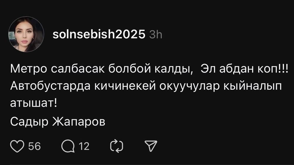 Горожанка просит рассмотреть строительство метро в Бишкеке