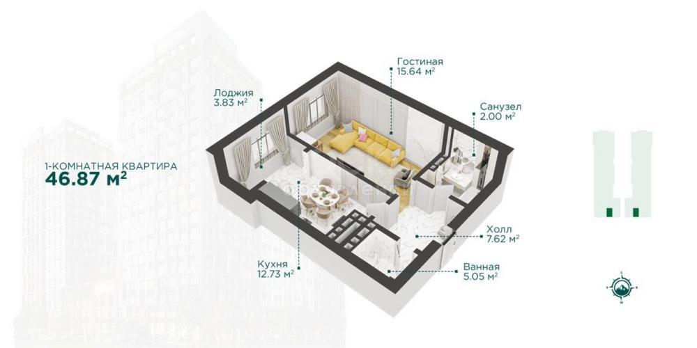 Продаю 1-комнатную квартиру, 46кв. м., этаж - 9/16, Горького/Виноградная.