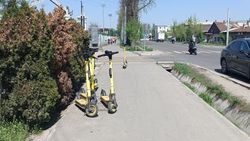 Самокаты стоят на тротуаре и перед пешеходным переходом на Абдрахманова—Мичурина