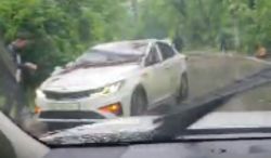 Дерево упало на проезжающую машину по дороге в Карагачевую рощу. Видео