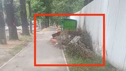 На улице Баялинова урны стоят рядом с тротуаром, мусор лежит на тротуаре