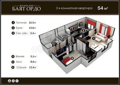 Продаю 2-комнатную квартиру, 54кв. м., этаж - 1/10, Бишкек.