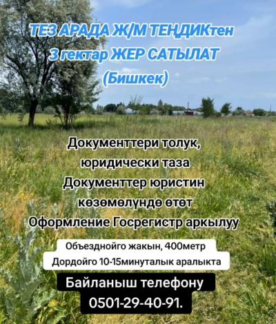Срочно
ТЕЗ АРАДА Ж/М ТЕҢДИКтен  
3 гектар ЖЕР САТЫЛАТ (Бишкек)

Документтери толук, юридически таза
Документтер юристин көзөмөлүндө өтөт
Оформление Госрегистр аркылуу өтөт 

Сельхоз назначение
Трансформация жасап алса болот
Жанында жерлер трансформация бо