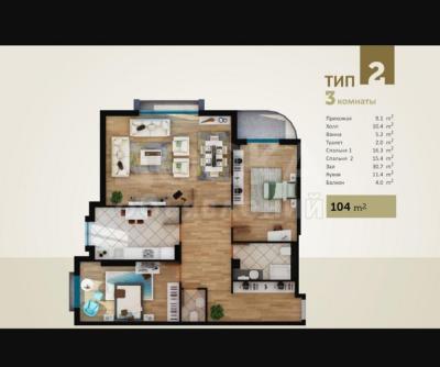 Продаю квартиру 3-ком., 104кв. м., этаж - 2/10, Район политеха Ак-Кеме.