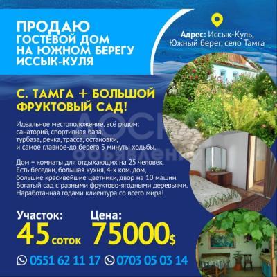Продаю дом 8-ком. 200кв. м., этаж-1, 45-сот., стена кирпич, Исык-куль,  Южный берег,  село  Тамга.
