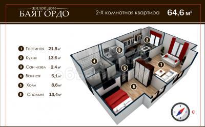 Продаю 2-комнатную квартиру, 59.3кв. м., этаж - 2/5, Молодая Гвардия-Васильева 248.