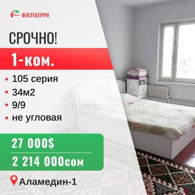 Продаю 1-комнатную квартиру, 34кв. м., этаж - 9/9, аламедин1.