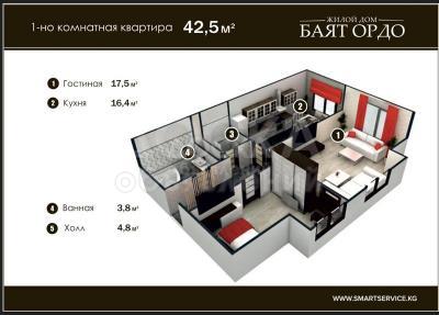 Продаю 1-комнатную квартиру, 48кв. м., этаж - 1/1, Бишкек.