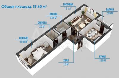 Продаю 2-комнатную квартиру, 59.60кв. м., этаж - 6/9, Ахунбаева/Молдогулова.