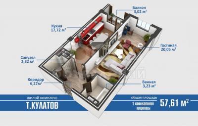 Продаю 1-комнатную квартиру, 54.21кв. м., этаж - 2/10, Ахунбаева/Куйручук.