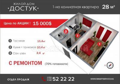 Продаю 1-комнатную квартиру, 28кв. м., этаж - 3/4, Профсоюзная- Кайназарова.