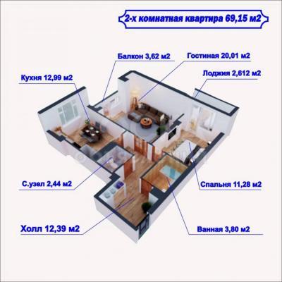 Продаю 2-комнатную квартиру, 69.15 квкв. м., этаж - 8/10, Жибек-жолу ул. Суюмбаева.