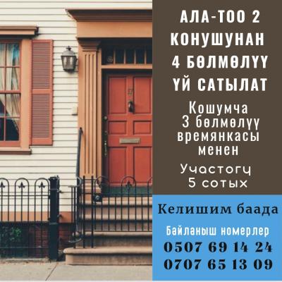 ТЕЗ АРАДА 4 БӨЛМӨЛҮҮ ҮЙ САТЫЛАТ
2 бөлмөлүү времянкасы менен
 Участогу 5 сотых.
 Хоз. постройка, газ, суу, электр. газовый отопление электрическое/газовое, городской телефон, интернет бар. Жакында канализация кирет. 
Кызыл китеби бар 
Дареги: Ленинский рай