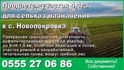 Продаю участок сельхоз назначения, 4 га 15 мин от Бишкека, Ысык Атинский район, с. Новопокровка..
