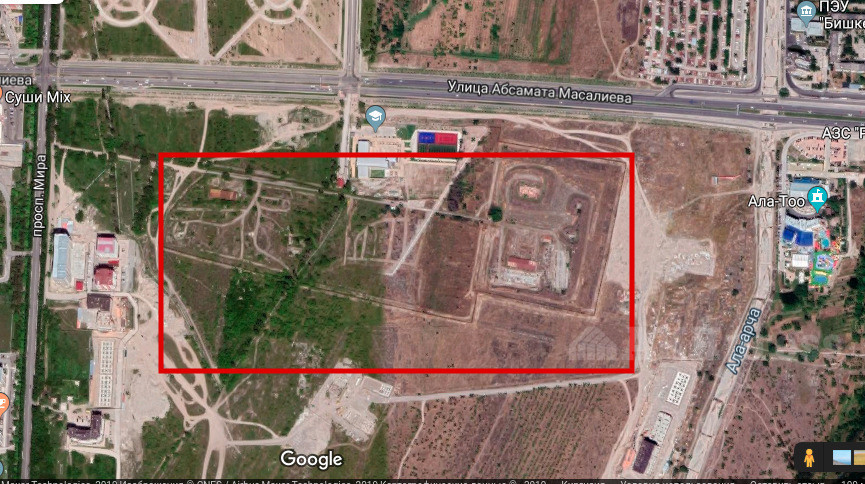 Территория «Спортивного городка» отмечена предположительно. Участок находится на Айтматова-Масалиева