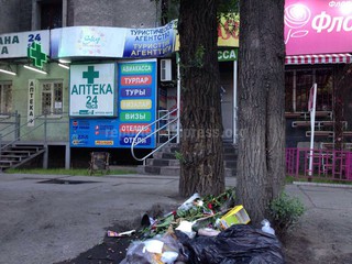 Работники цветочного магазина и аптеки на Токтогула-Тимирязева складируют мусор на улице (фото)
