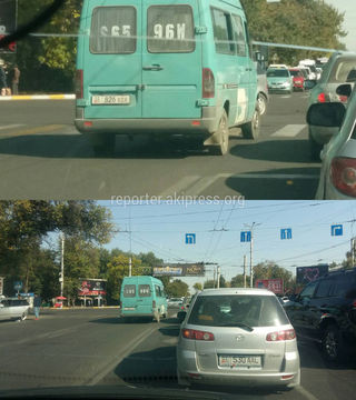 Выезд на встречку на Байтик Баатыра-Ахунбаева. Также у маршрутки госномер и бортовой номер не совпадают
