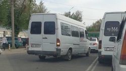 Маршрутка №107, «Хонда» и «Тойота» объезжают пробку по встречке. Фото