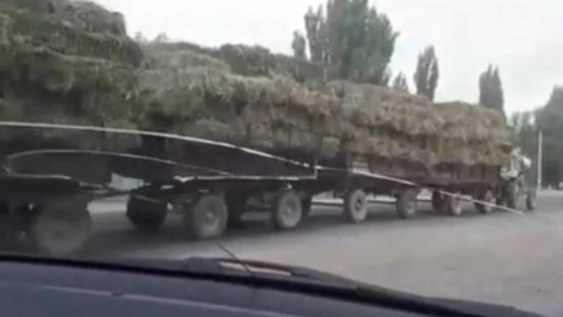 Трактор везет 4 телеги с тюками сена. Видео очевидца