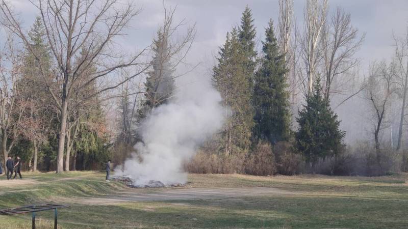 В парке Победы Каракола сжигают листья. Фото